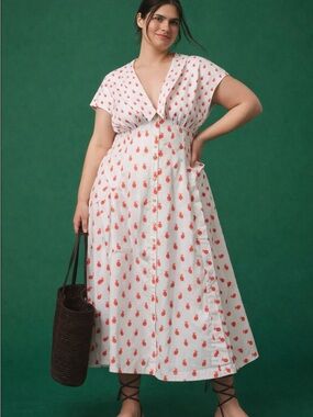 Anthropologie size XL White Maxi Dress with Red Floral PrintinEUC